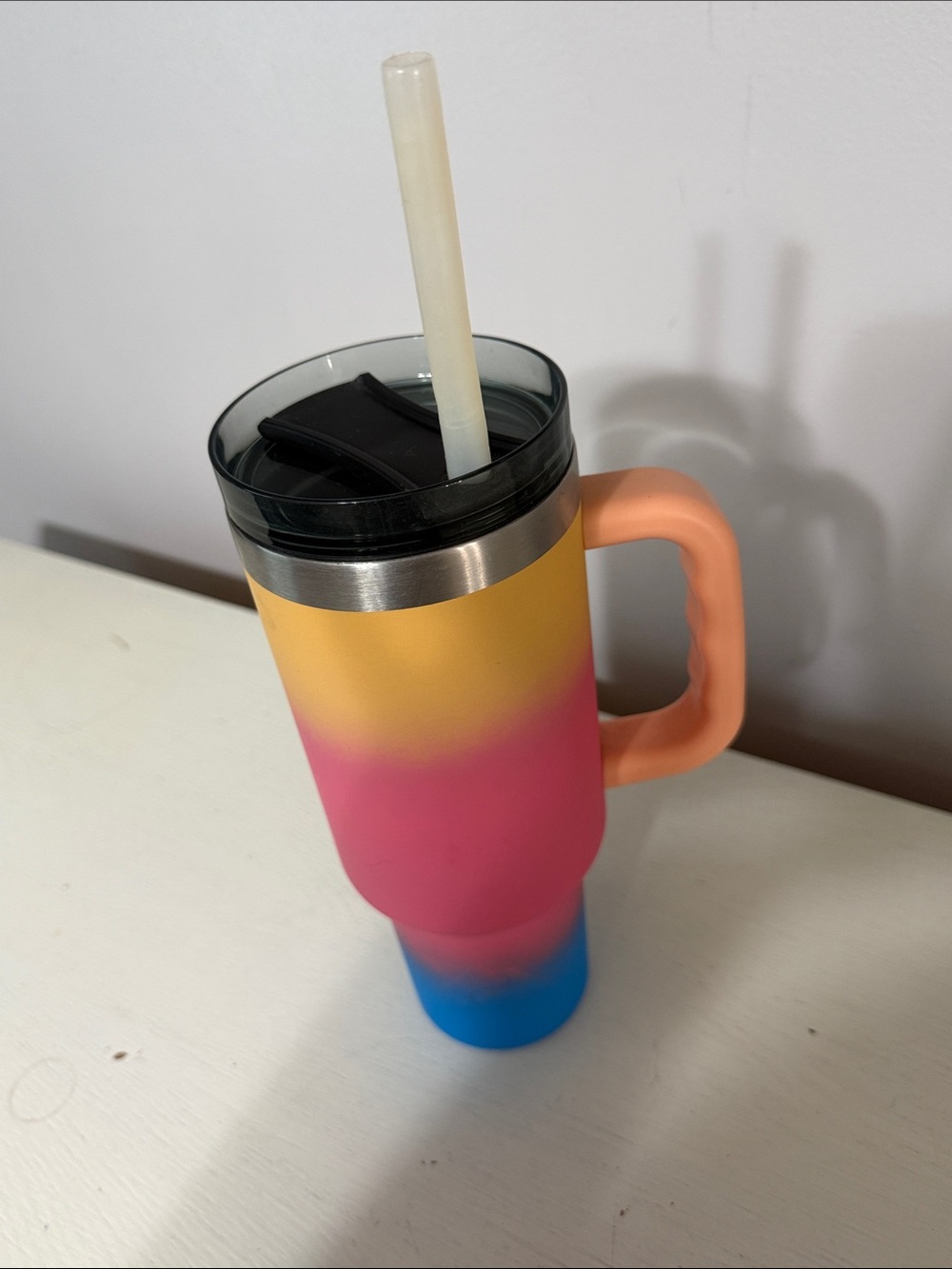 Triple-Color Ombre Travel Tumbler with Handle and Straw - Pink, Yellow, Blue
